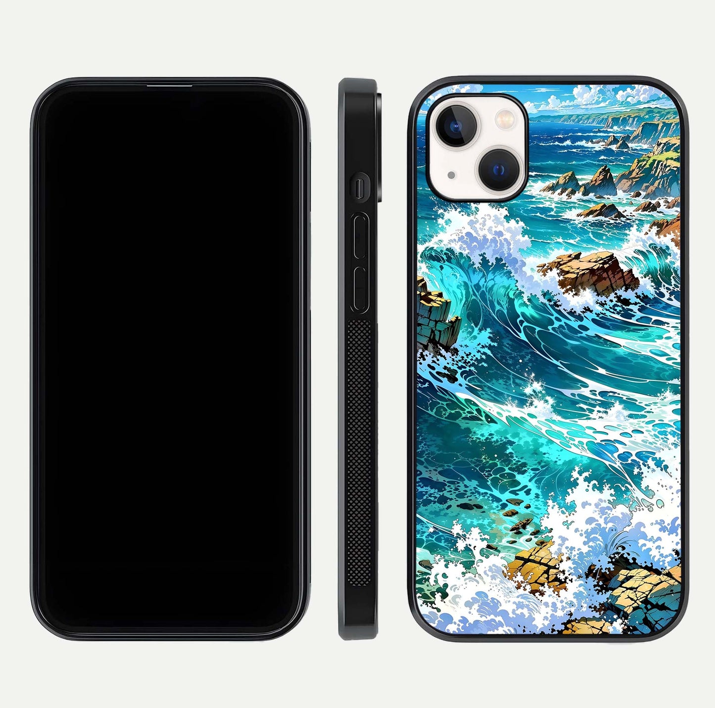 Coastal Blue Waves Glass Case for iPhone 14 Plus dual-view layout displaying sea tones and curved finish