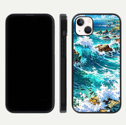 Coastal Blue Waves Glass Case for iPhone 14 Plus dual-view layout displaying sea tones and curved finish