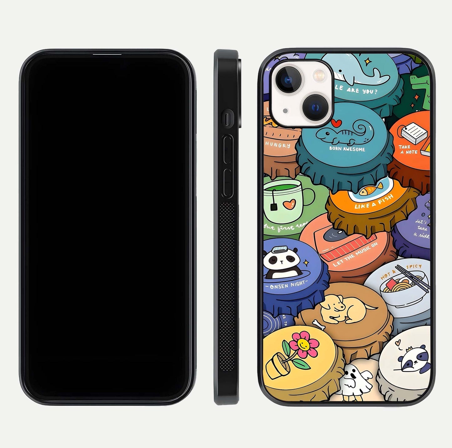 Coins Patterns Glass Case for iPhone 14 Plus dual-view layout displaying elegant art and glass clarity