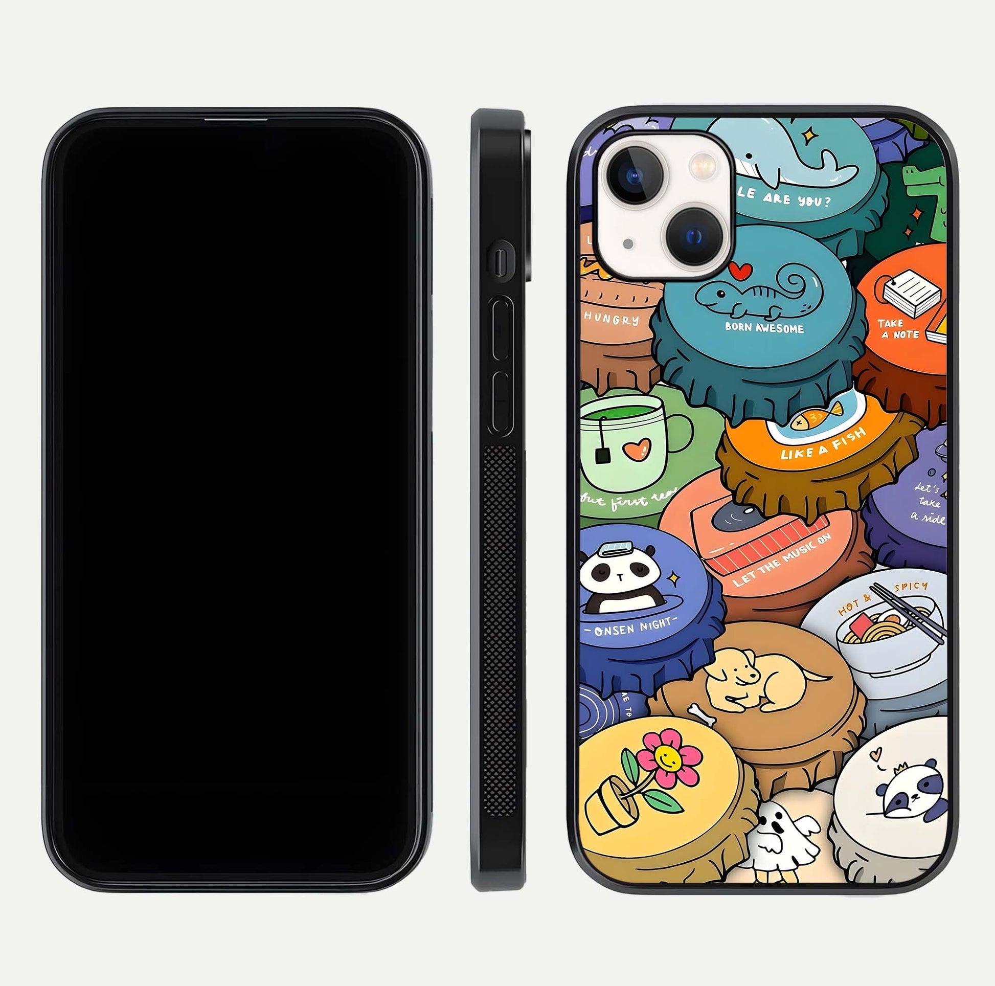Coins Patterns Glass Case for iPhone 14 Plus dual-view layout displaying elegant art and glass clarity