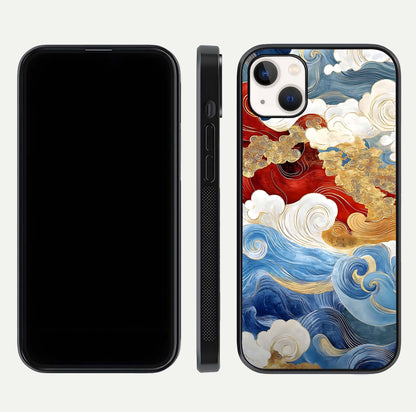 Colored Waves Glass Case for iPhone 14 Plus front & back layout showing smooth edges and vivid print tones