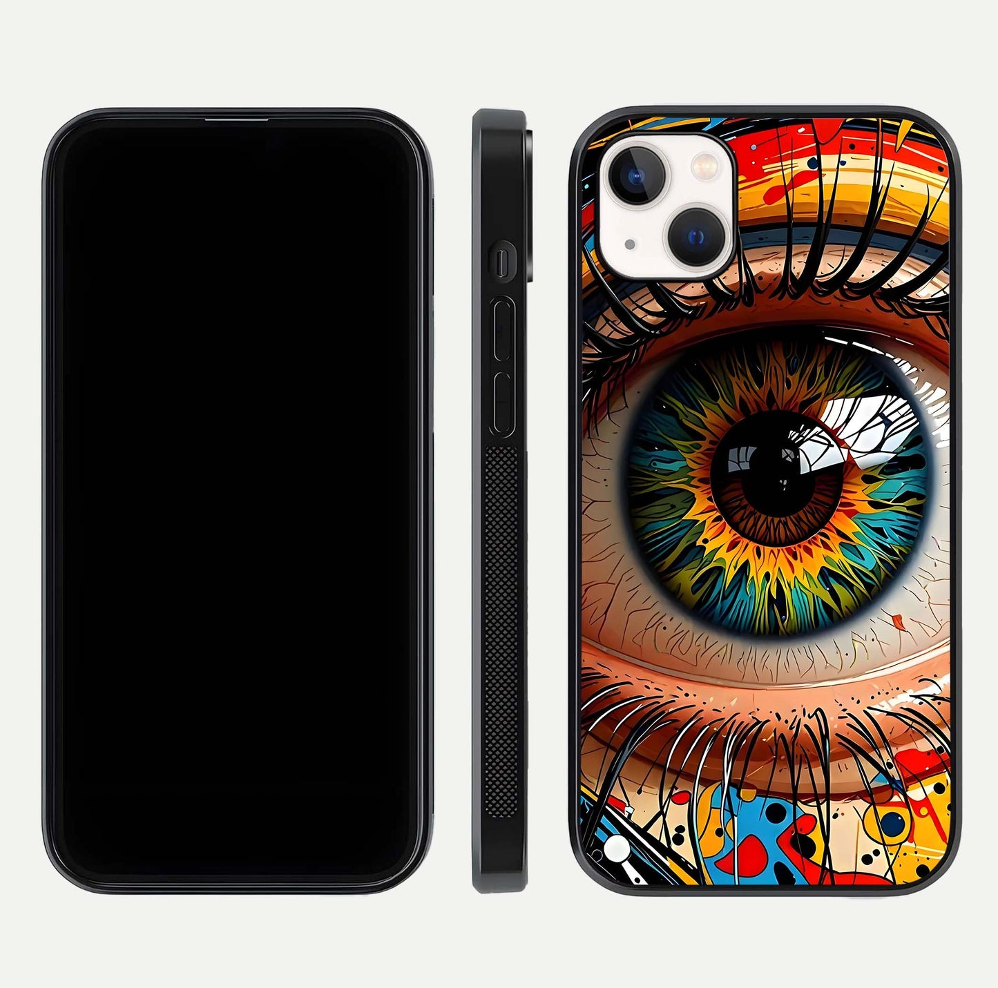 Colorful Eye Glass Case for iPhone 14 Plus dual-view layout displaying vivid tones and smooth glass edges