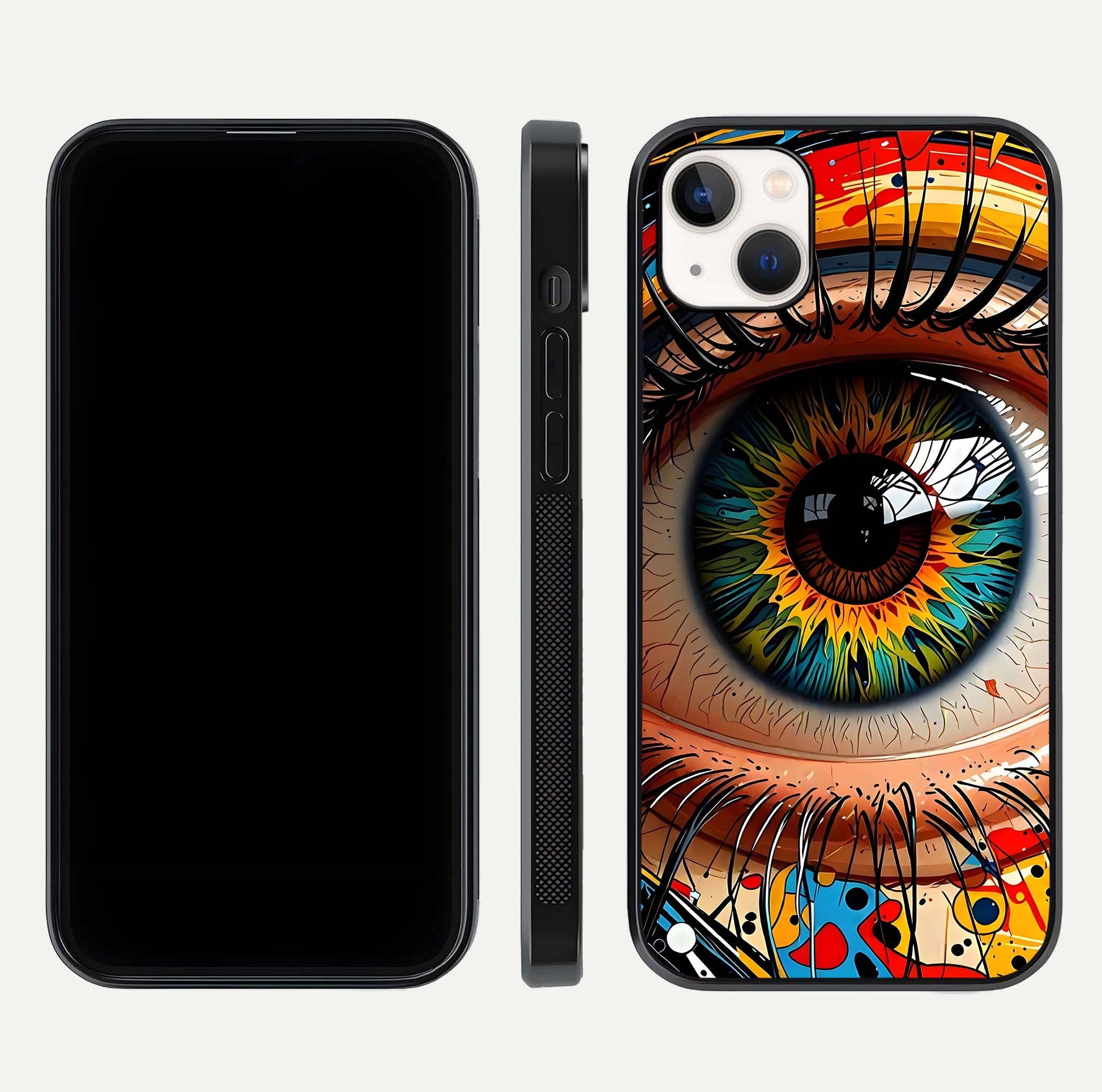 Colorful Eye Glass Case for iPhone 14 Plus dual-view layout displaying vivid tones and smooth glass edges