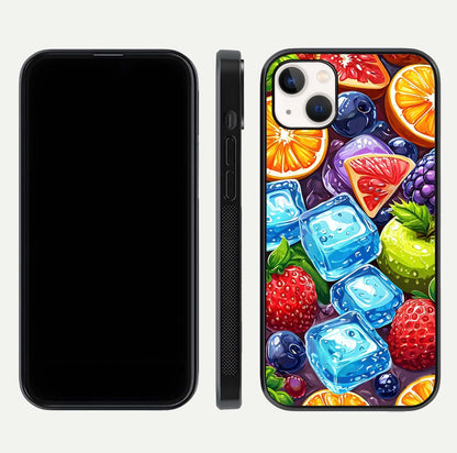 Colorful Fruits with Ice Glass Case for iPhone 14 Plus dual-view layout showing fresh tones and polished edges