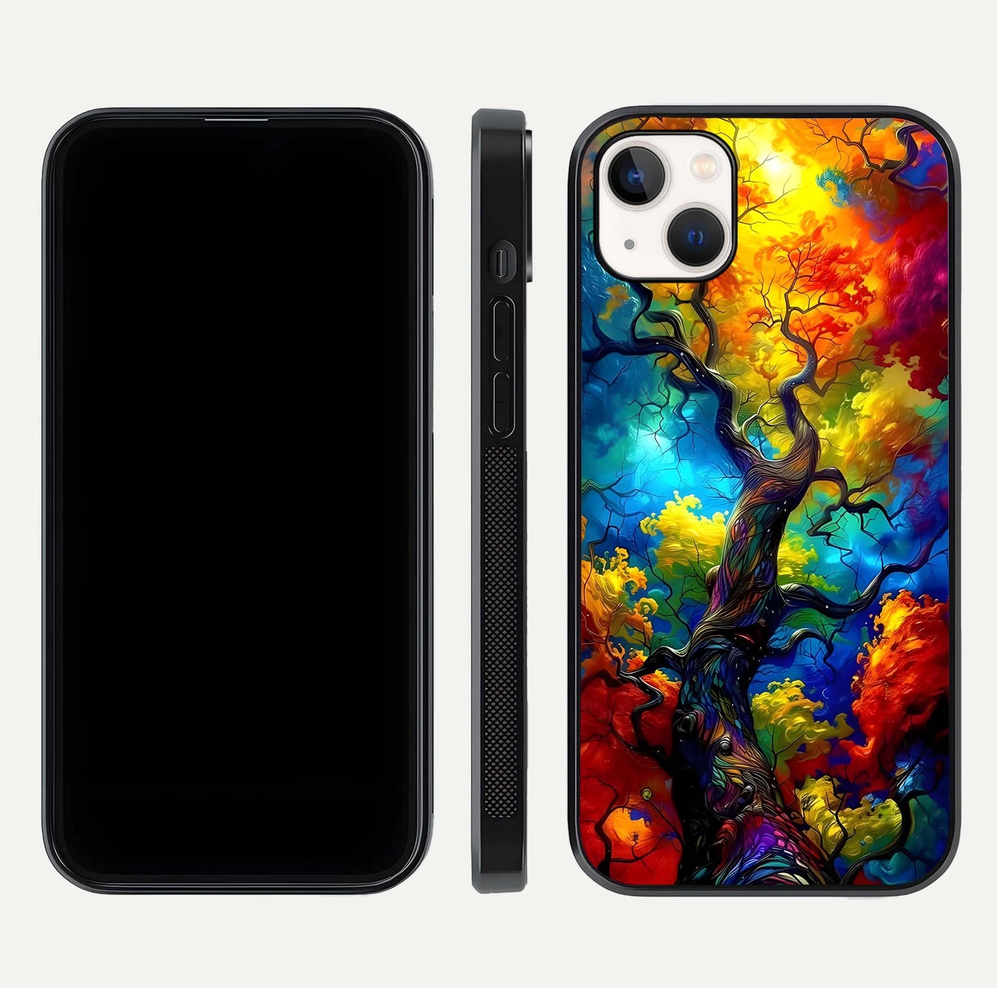 Colorful Tree Glass Case for iPhone 14 Plus dual-view layout displaying balanced tones and smooth edges
