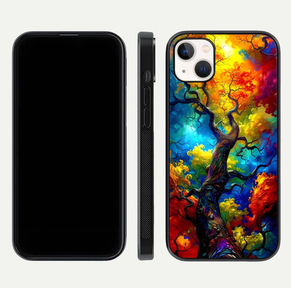 Colorful Tree Glass Case for iPhone 14 Plus dual-view layout displaying balanced tones and smooth edges
