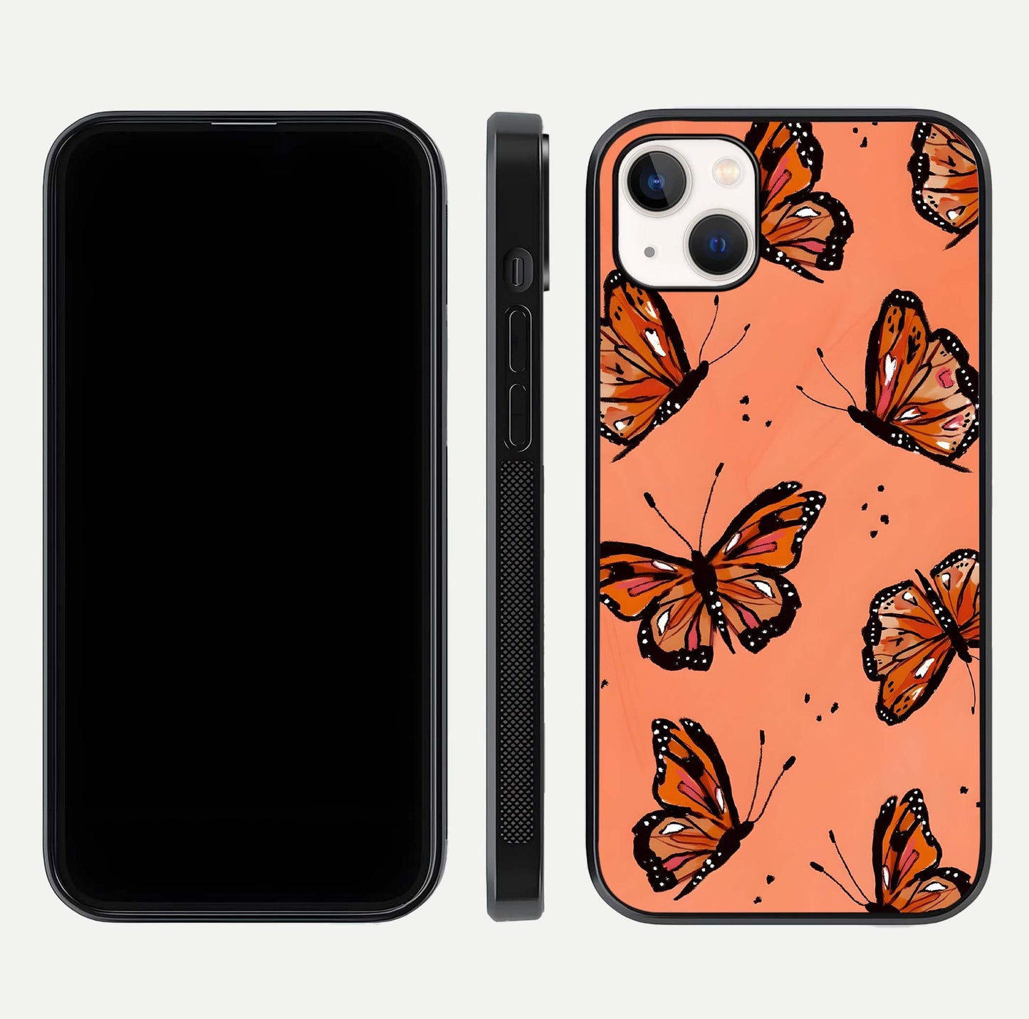 Coral Wing Butterfly Glass Case for iPhone 14 Plus dual-view layout displaying soft floral tones and curved edges