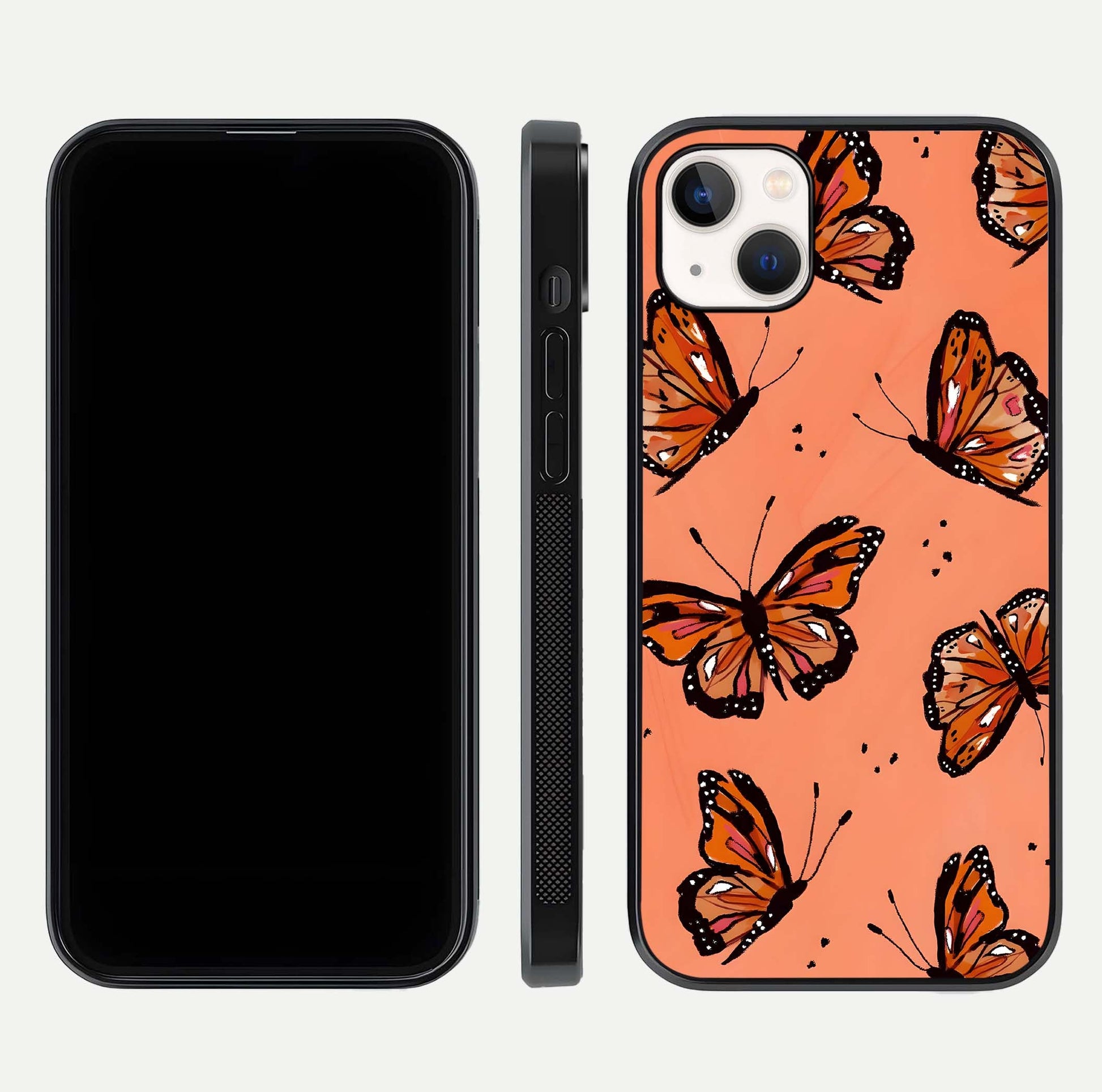 Coral Wing Butterfly Glass Case for iPhone 14 Plus dual-view layout displaying soft floral tones and curved edges