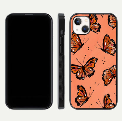 Coral Wing Butterfly Glass Case for iPhone 14 Plus dual-view layout displaying soft floral tones and curved edges
