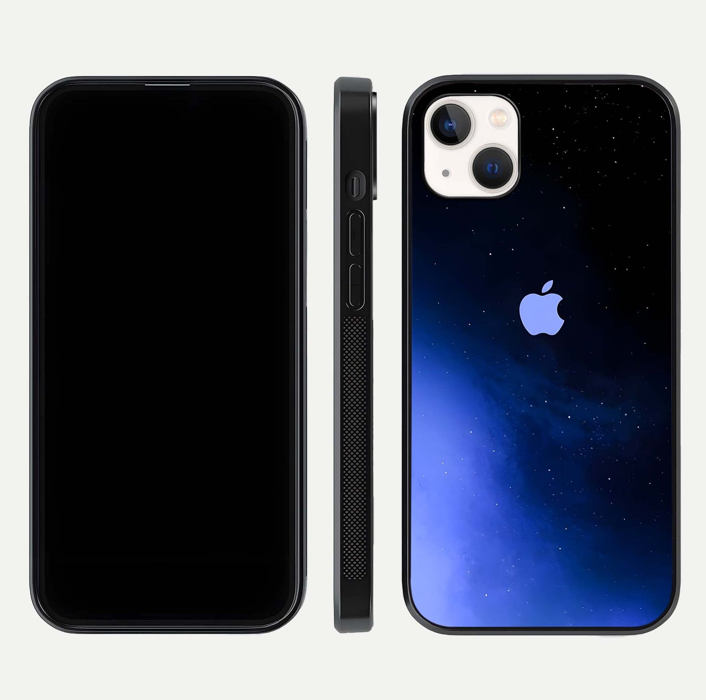 Cosmic Blue Apple Glass Case for iPhone 14 Plus dual-view layout displaying cosmic tones and glass edges