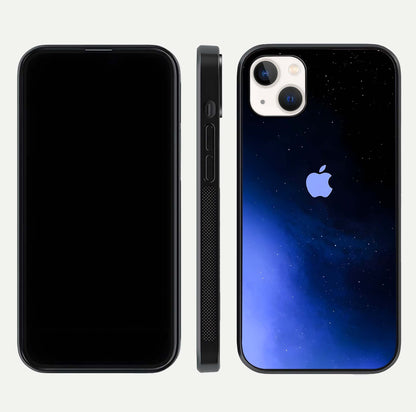 Cosmic Blue Apple Glass Case for iPhone 14 Plus dual-view layout displaying cosmic tones and glass edges