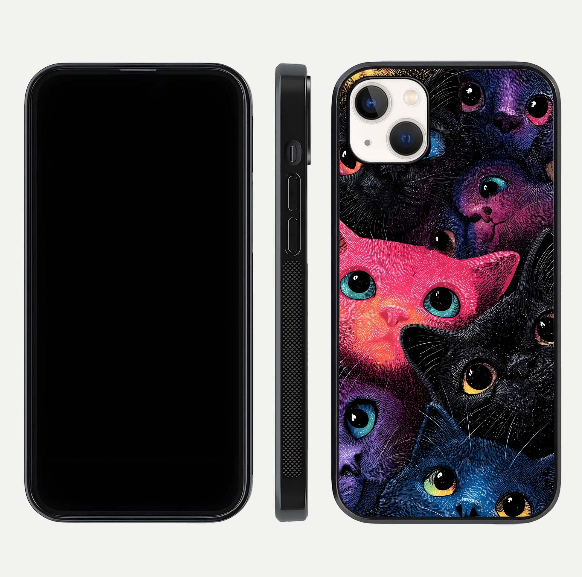 Cosmic Cats Dreams Glass Case for iPhone 14 Plus dual-view layout displaying HD print and glossy shine