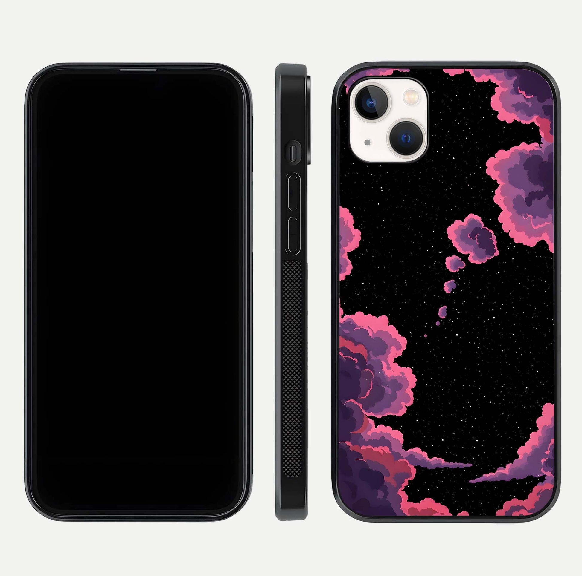 Cosmic Cloud Journey Glass Case for iPhone 14 Plus dual-view layout displaying celestial tones and edge clarity