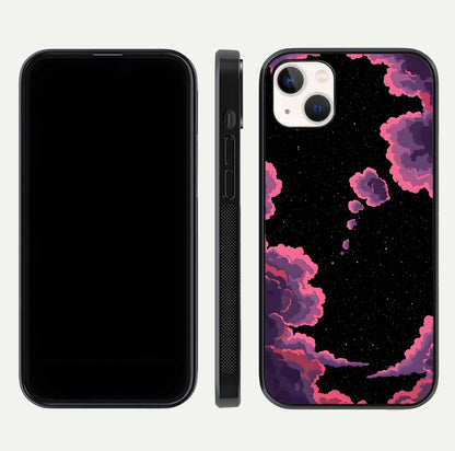 Cosmic Cloud Journey Glass Case for iPhone 14 Plus dual-view layout displaying celestial tones and edge clarity