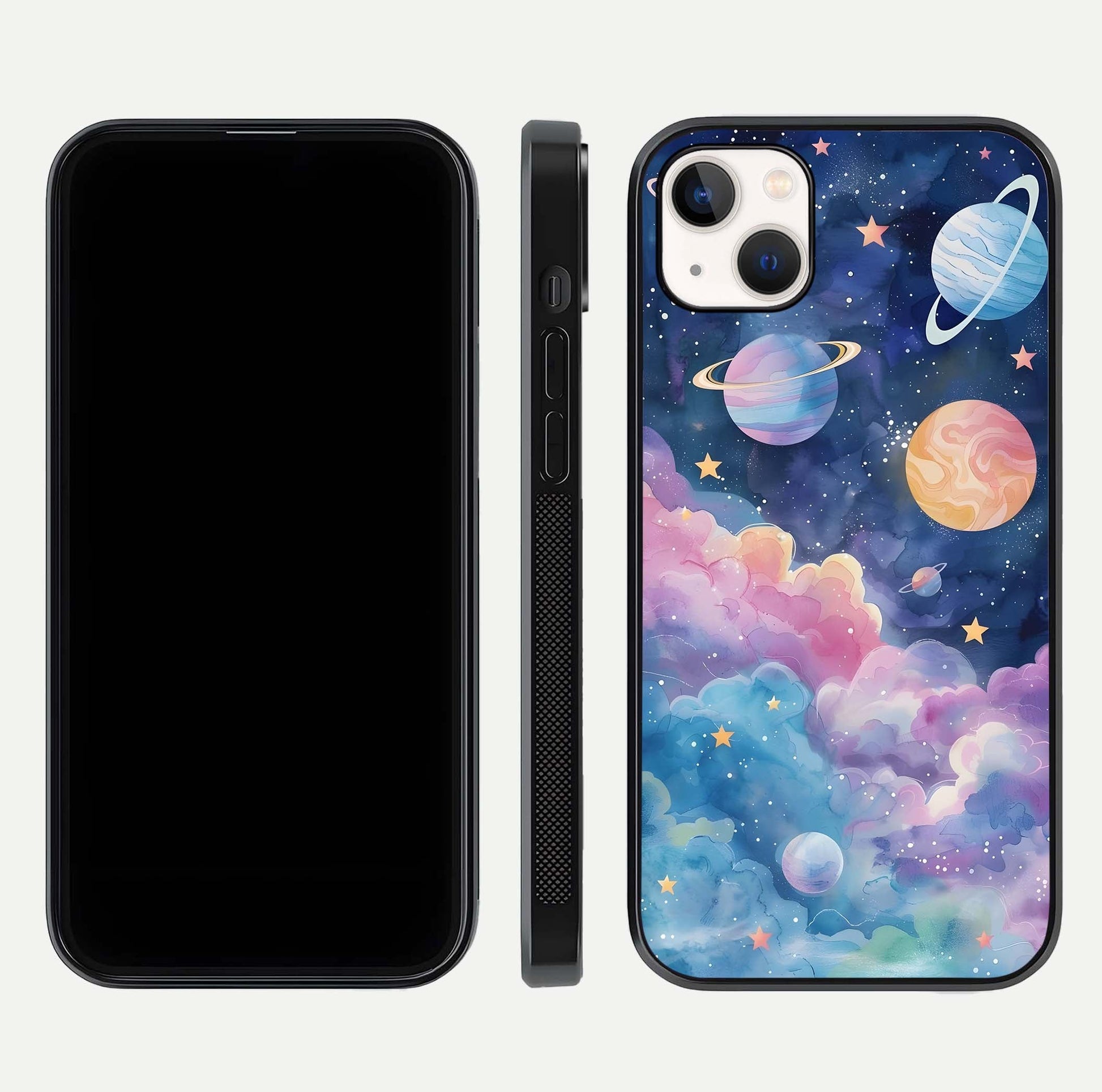 Cosmic Planet Dreams Glass Case for iPhone 14 Plus dual-view layout displaying galaxy colors and curved finish