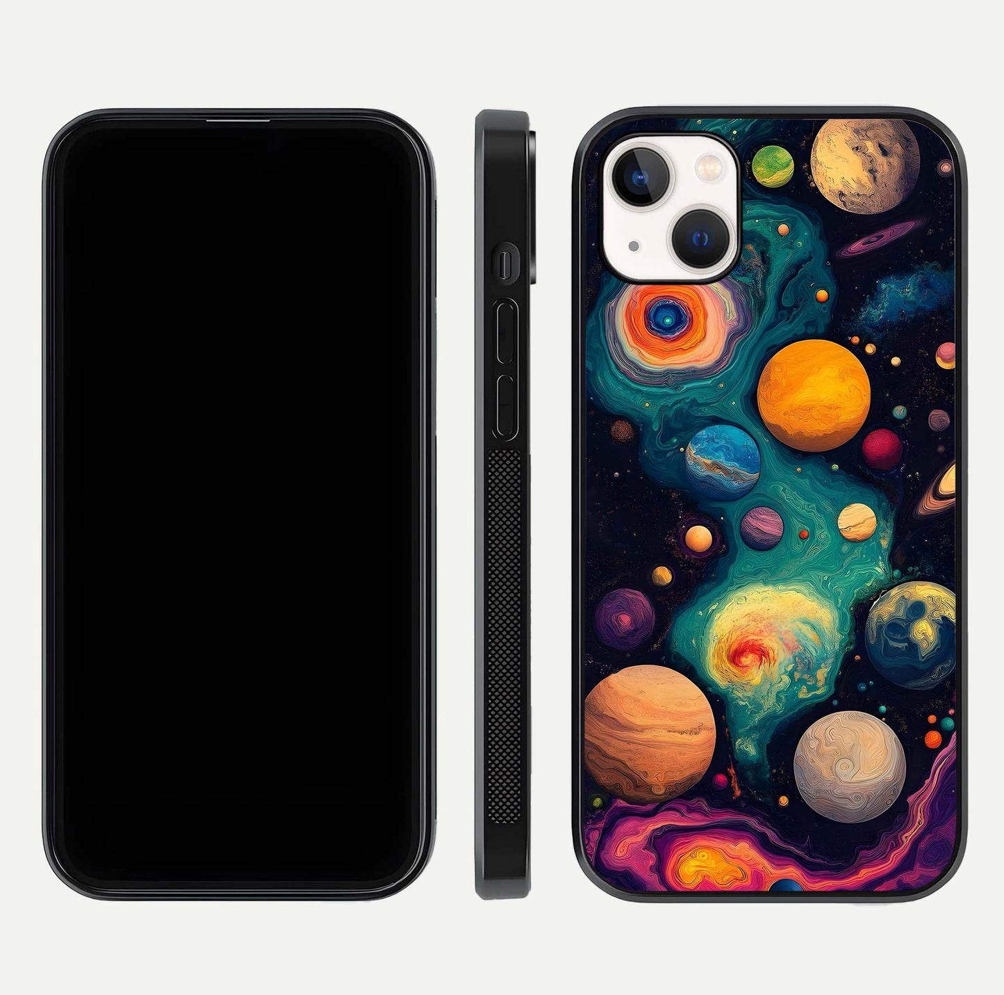 Cosmic Planet Journey Glass Case for iPhone 14 Plus dual-view layout displaying colorful cosmic balance