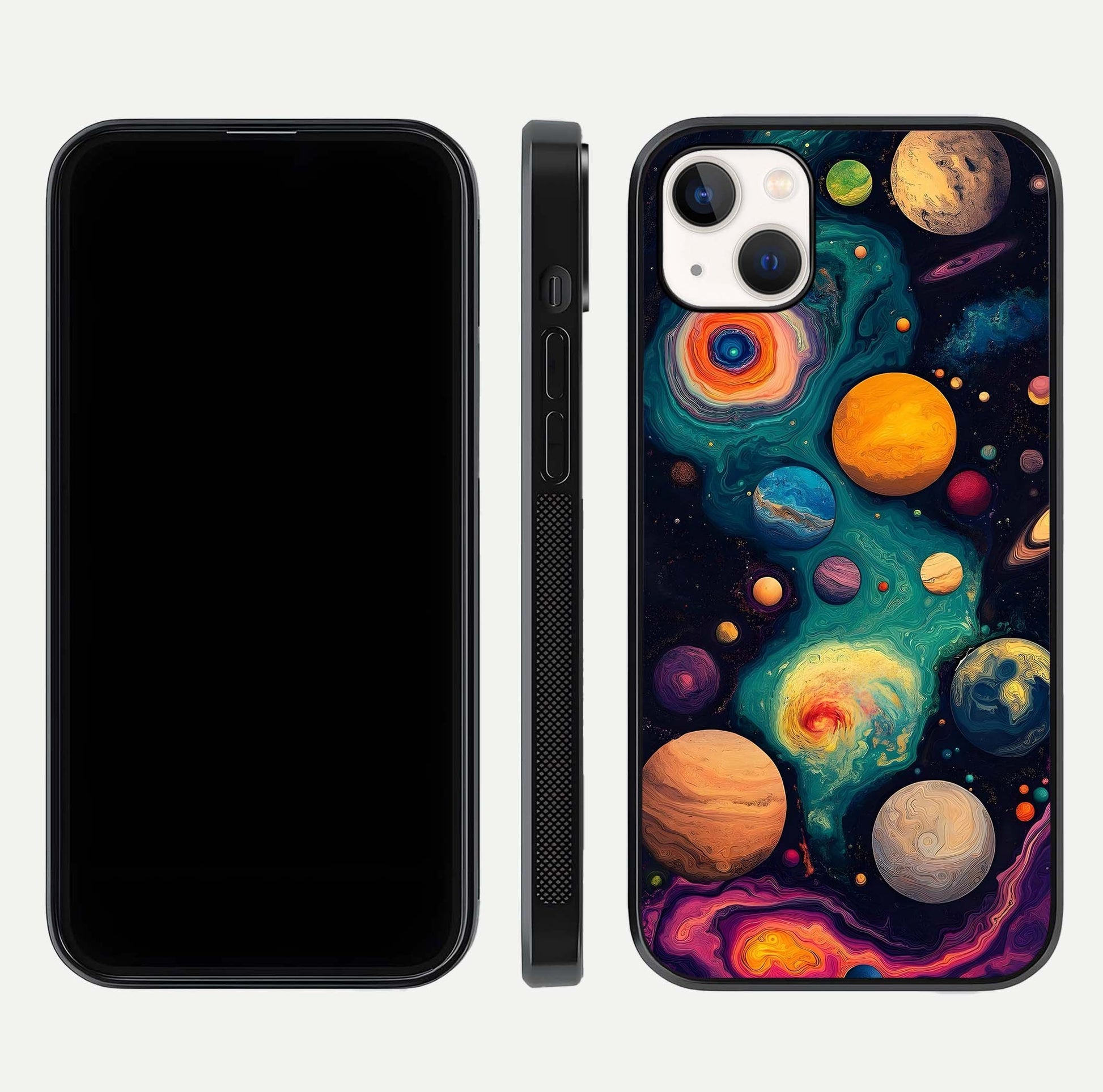 Cosmic Planet Journey Glass Case for iPhone 14 Plus dual-view layout displaying colorful cosmic balance
