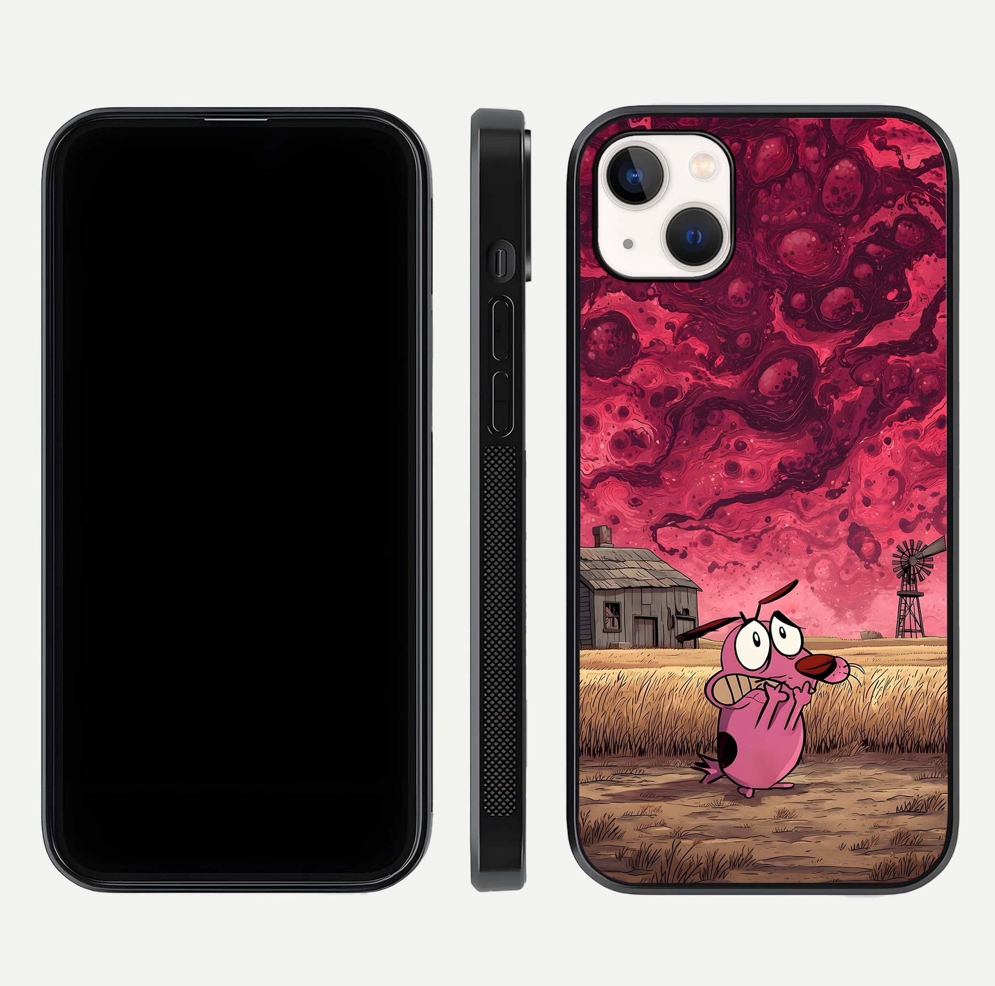 Courage Under Sky Glass Case for iPhone 14 Plus dual-view layout displaying text alignment and glass finish