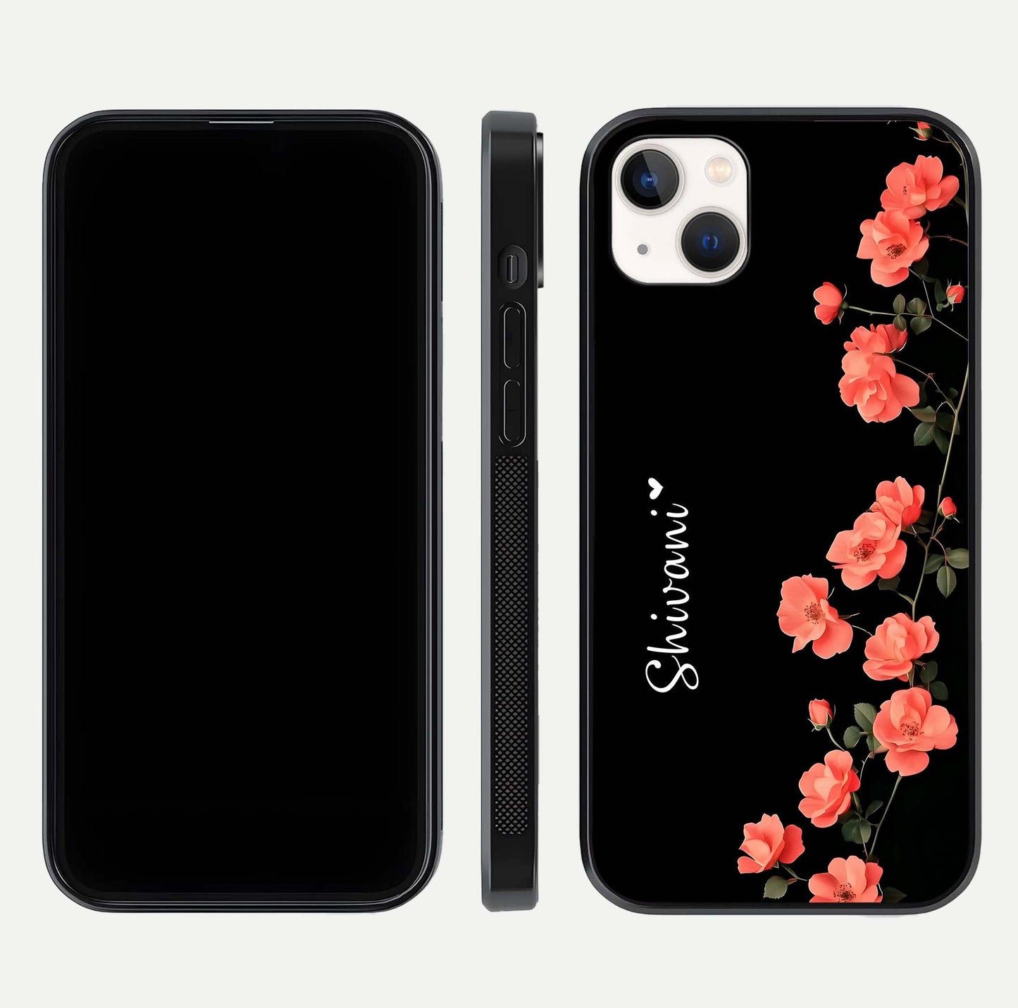 Crimson Bloom Grace Custom Name Glass Case for iPhone 14 Plus dual-view layout displaying custom text and smooth curved edges