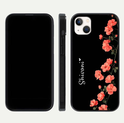 Crimson Bloom Grace Custom Name Glass Case for iPhone 14 Plus dual-view layout displaying custom text and smooth curved edges