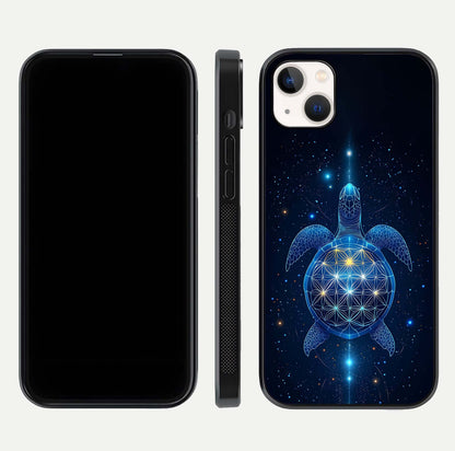 Crimson Blue Turtle Glass Case for iPhone 14 Plus dual-view layout displaying ocean tones and HD finish