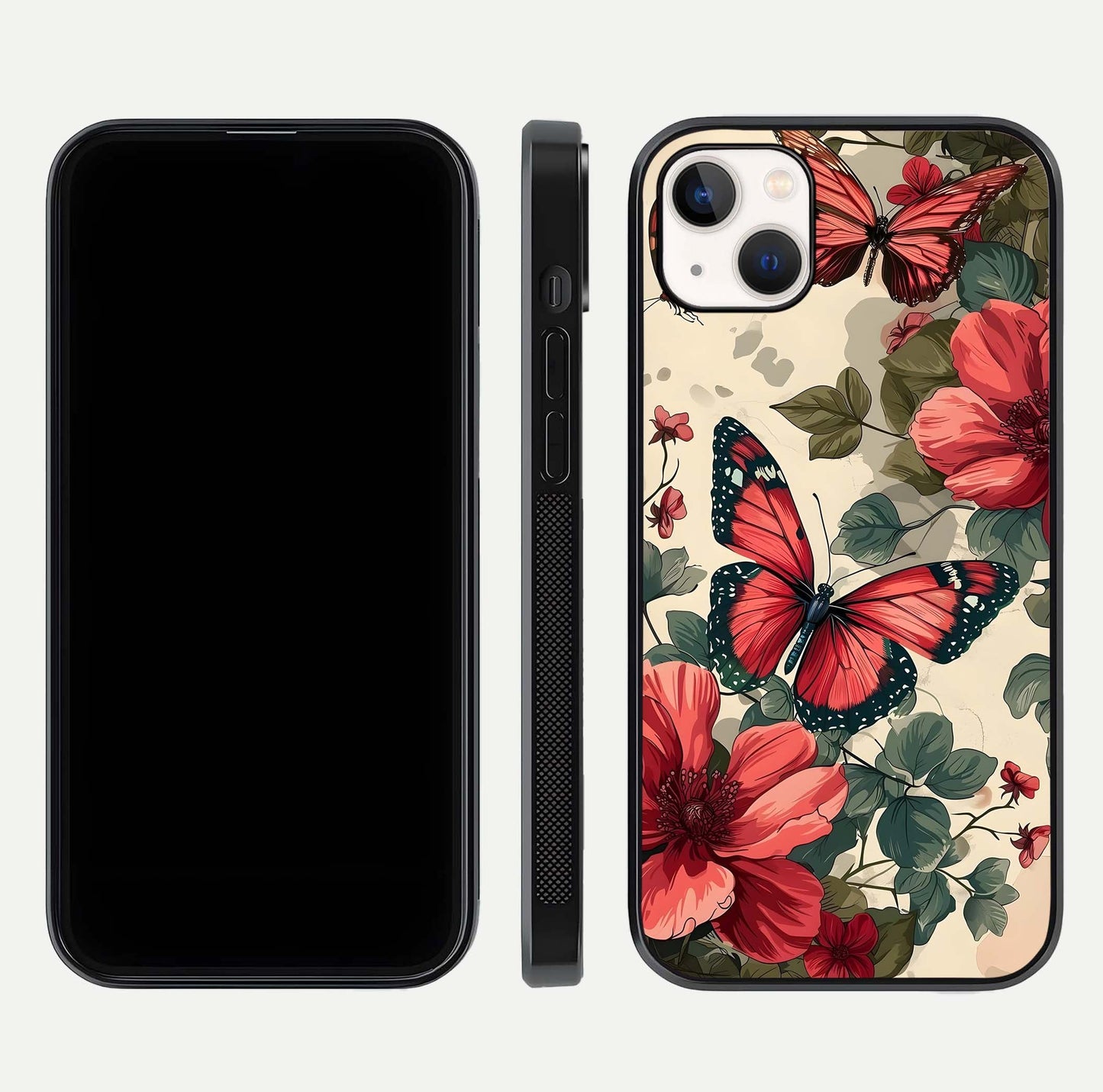 Crimson Butterfly Garden Glass Case for iPhone 14 Plus dual-view layout displaying floral patterns and edge finish