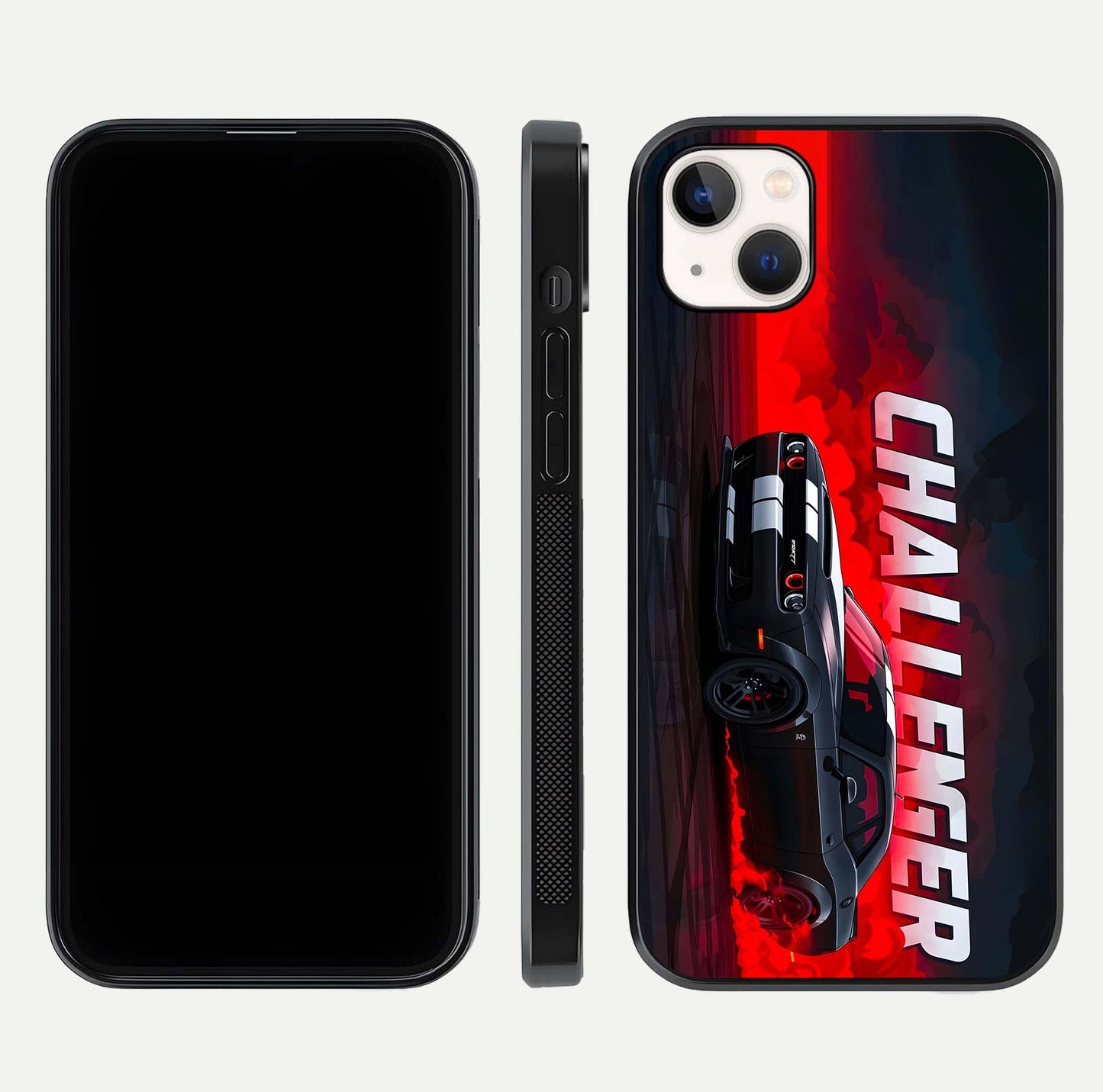 Crimson Challenger Fury Glass Case for iPhone 14 Plus dual-view layout displaying bold tones and edge polish