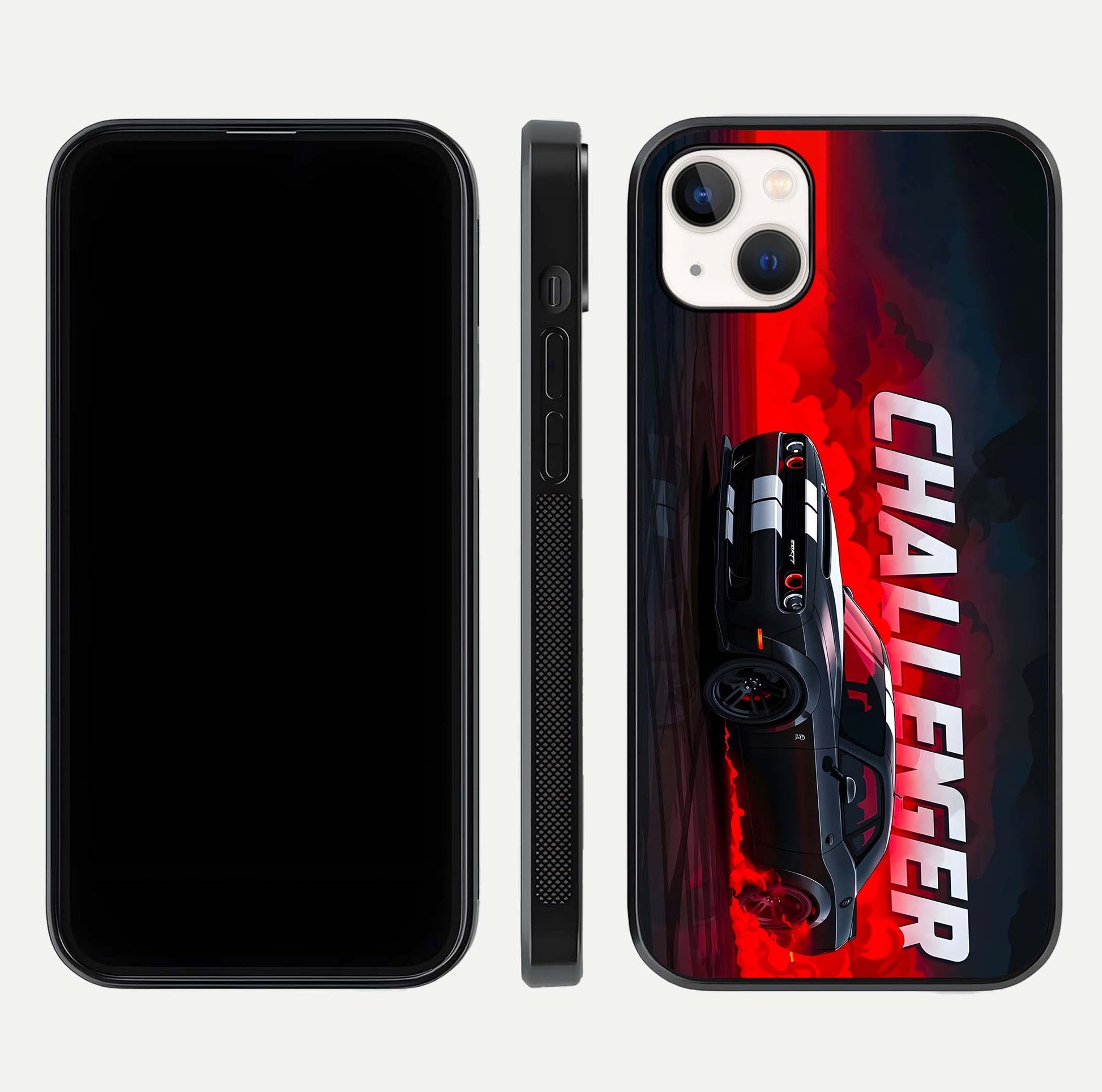 Crimson Challenger Fury Glass Case for iPhone 14 Plus dual-view layout displaying bold tones and edge polish
