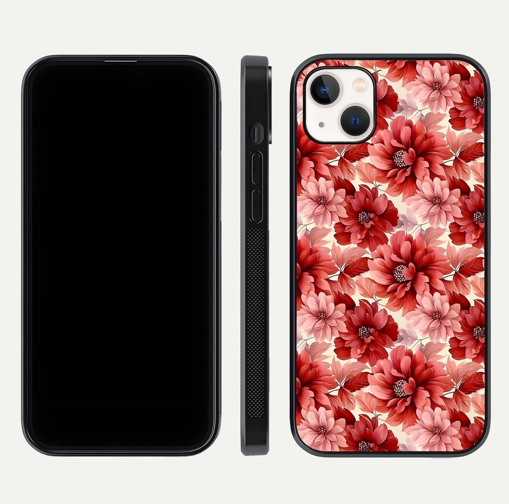 Crimson Love Petals Glass Case for iPhone 14 Plus dual-view layout displaying floral charm and curved glass