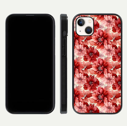 Crimson Love Petals Glass Case for iPhone 14 Plus dual-view layout displaying floral charm and curved glass