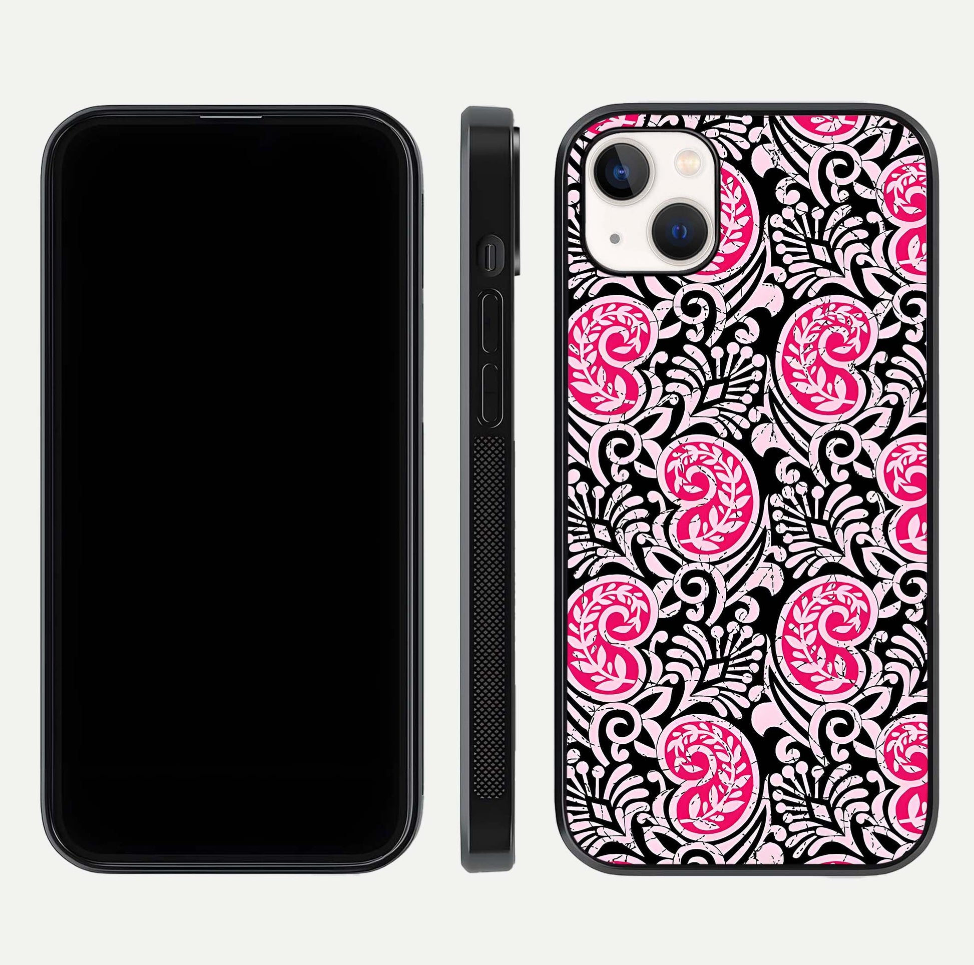 Crimson Paisley Charm Glass Case for iPhone 14 Plus dual-view layout displaying HD print and curved polish