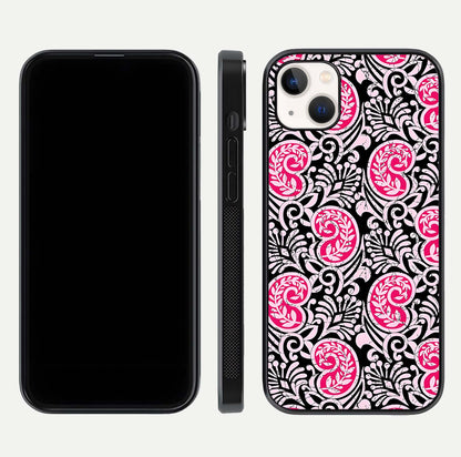 Crimson Paisley Charm Glass Case for iPhone 14 Plus dual-view layout displaying HD print and curved polish