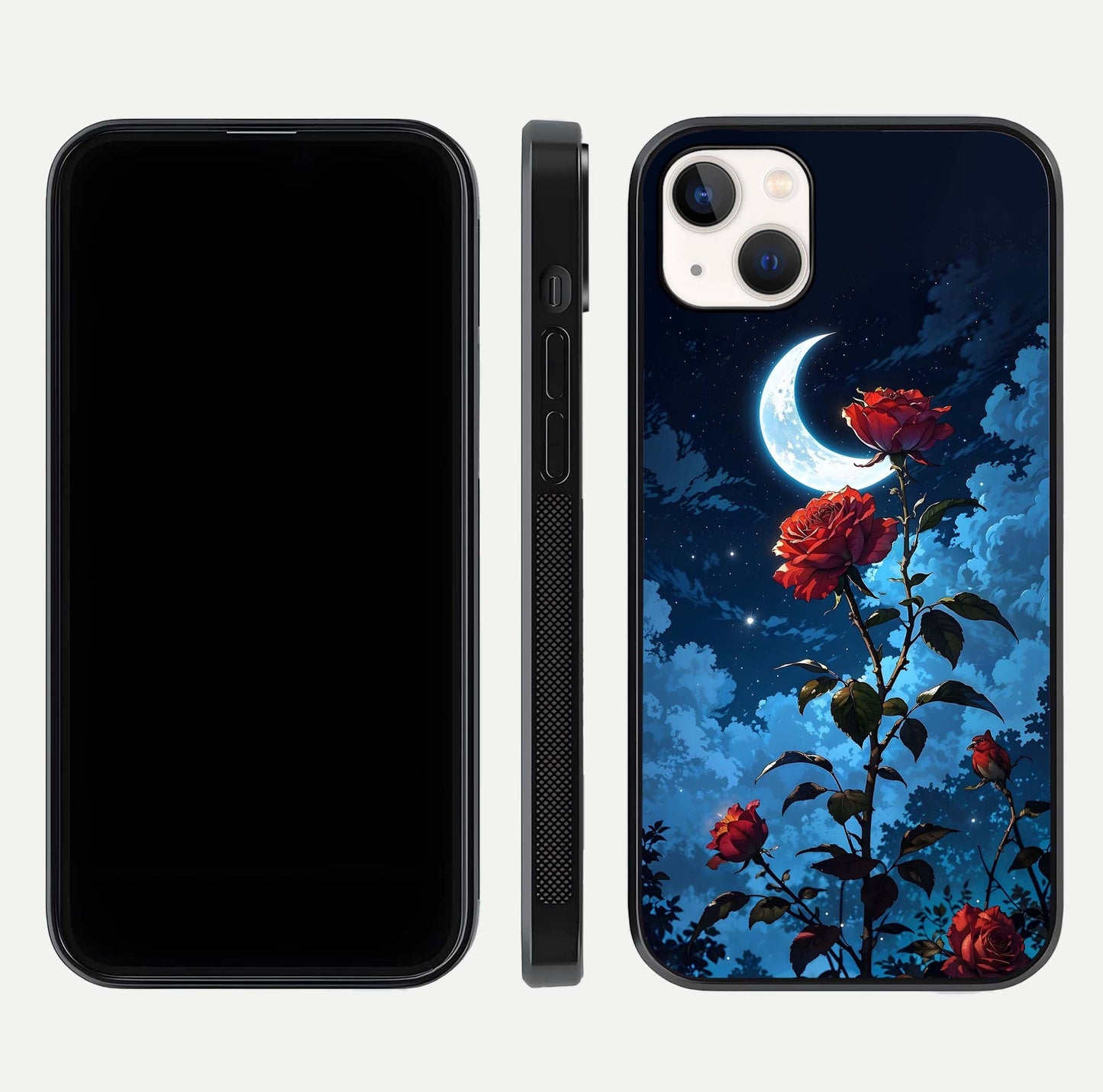 Crimson Rose Moon Glass Case for iPhone 14 Plus dual-view layout displaying red tones and soft gloss