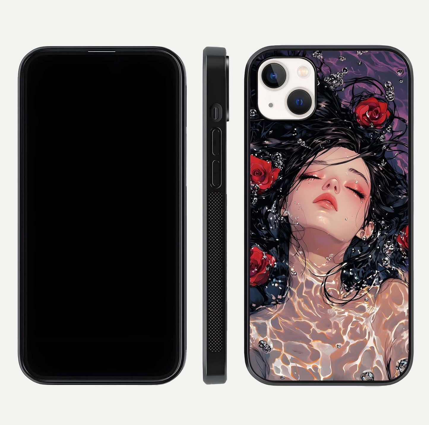 Crimson Rose Serenity Glass Case for iPhone 14 Plus dual-view layout displaying serenity tones and curved glass