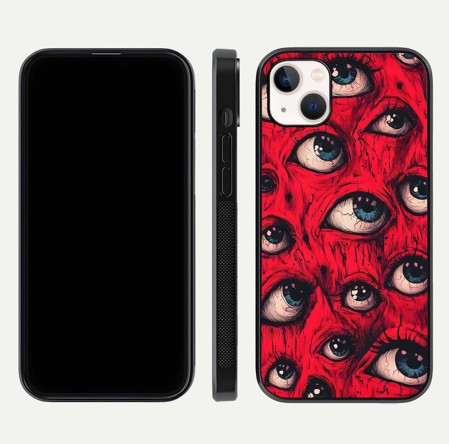 Crimson Watch Eyes Glass Case for iPhone 14 Plus dual-view layout displaying abstract tones and curved edges