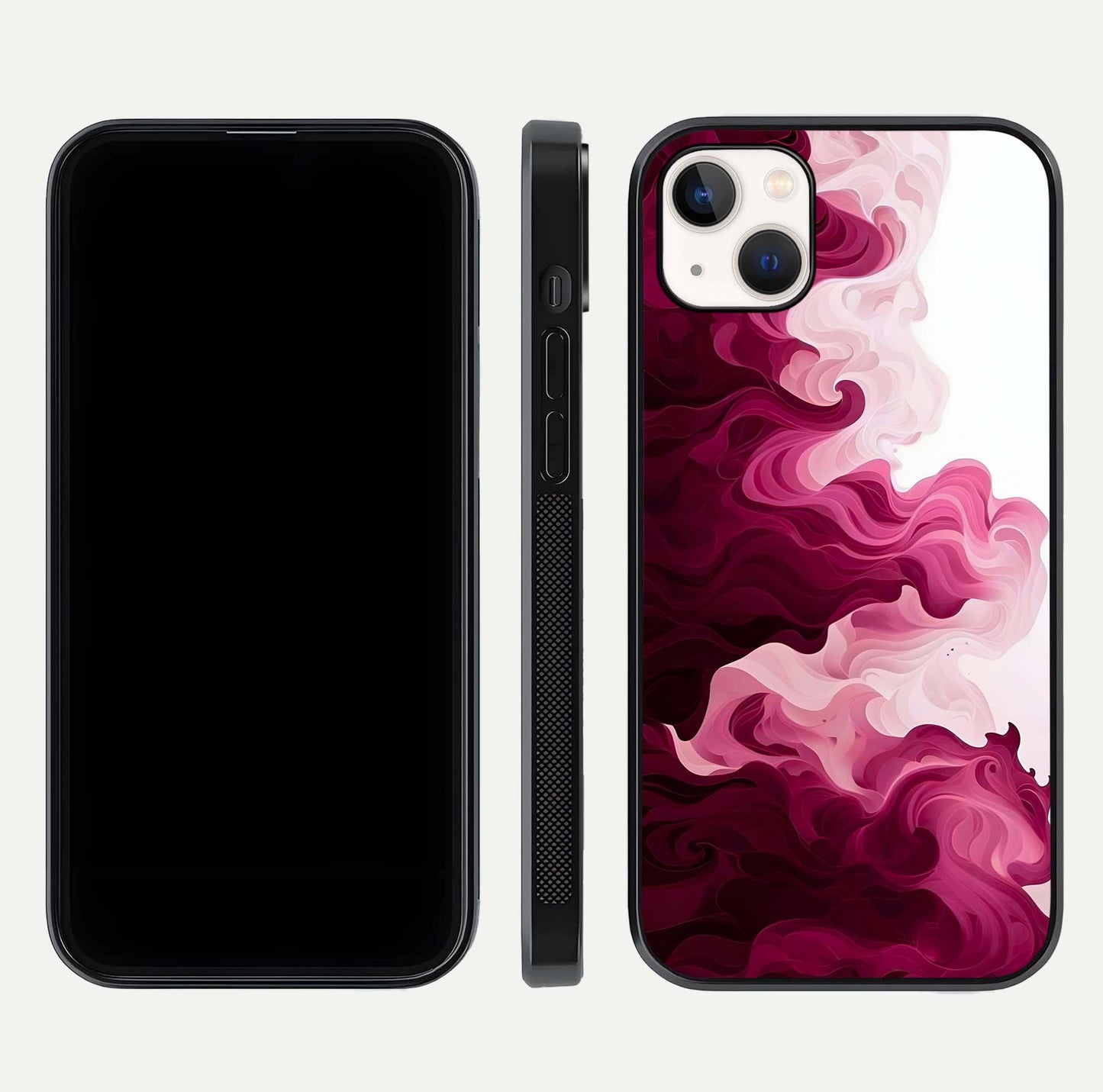 Crimson Wave Flow Glass Case for iPhone 14 Plus dual-view layout displaying curved wave art and polished surface