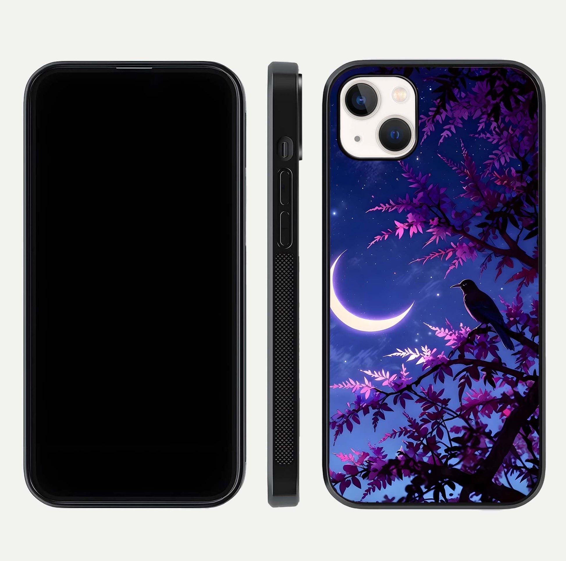 Crow & Moon Scenery Glass Case for iPhone 14 Plus dual-view layout displaying night sky art and curved glass edges