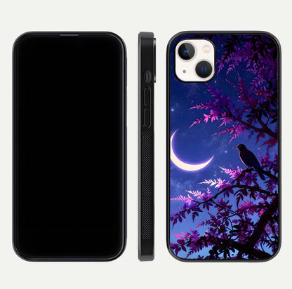 Crow & Moon Scenery Glass Case for iPhone 14 Plus dual-view layout displaying night sky art and curved glass edges