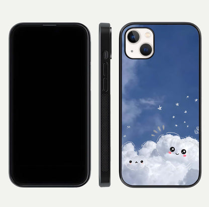 Cute Blossom Cloud Glass Case for iPhone 14 Plus dual-view layout displaying cute floral clouds and polished edge