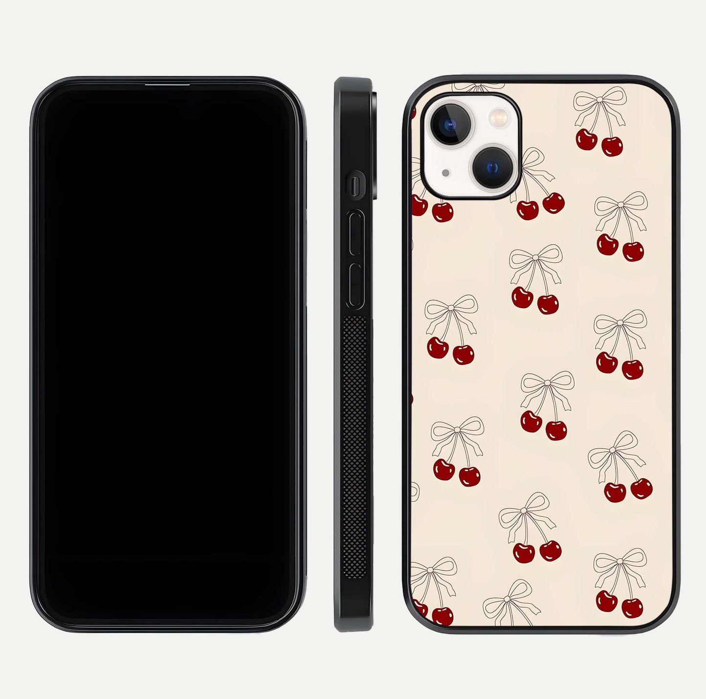 Cute Cherry Pattern Glass Case for iPhone 14 Plus dual-view layout displaying aesthetic fruit print and smooth edges