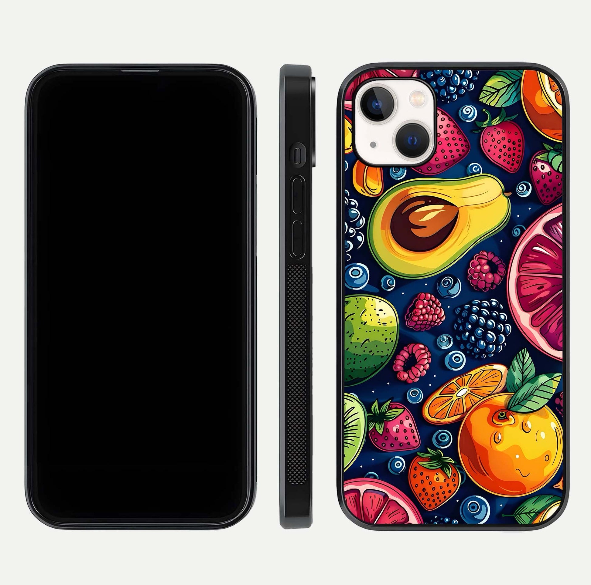 Cute Fruits Art Glass Case for iPhone 14 Plus dual-view layout displaying playful tones and curved design