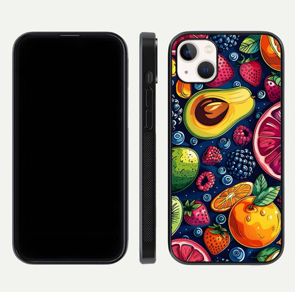 Cute Fruits Art Glass Case for iPhone 14 Plus dual-view layout displaying playful tones and curved design