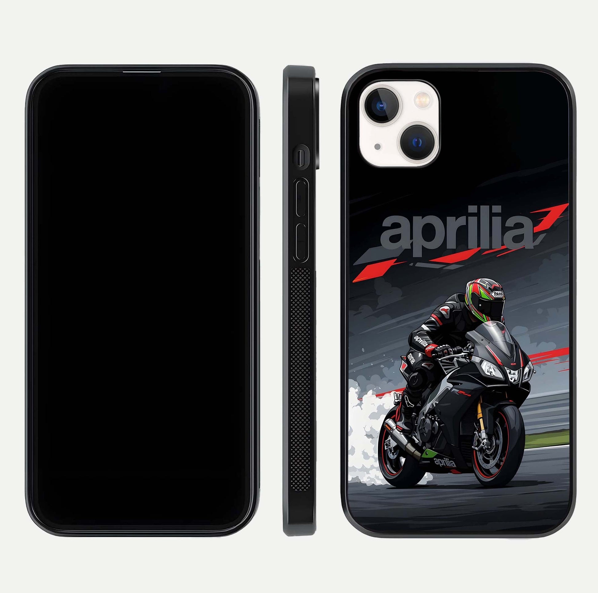 Dark Aprilla Glass Case for iPhone 14 Plus dual-view layout displaying sleek racing look and HD shine