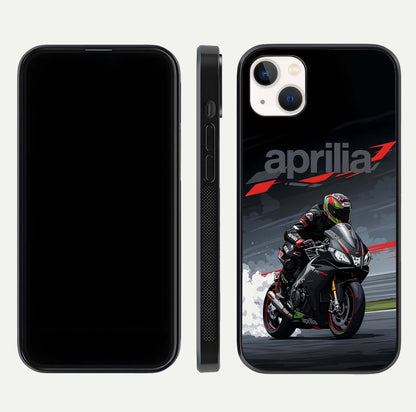 Dark Aprilla Glass Case for iPhone 14 Plus dual-view layout displaying sleek racing look and HD shine