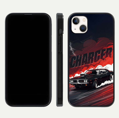Dark Charger Fury Glass Case for iPhone 14 Plus dual-view layout displaying HD design and polished edges