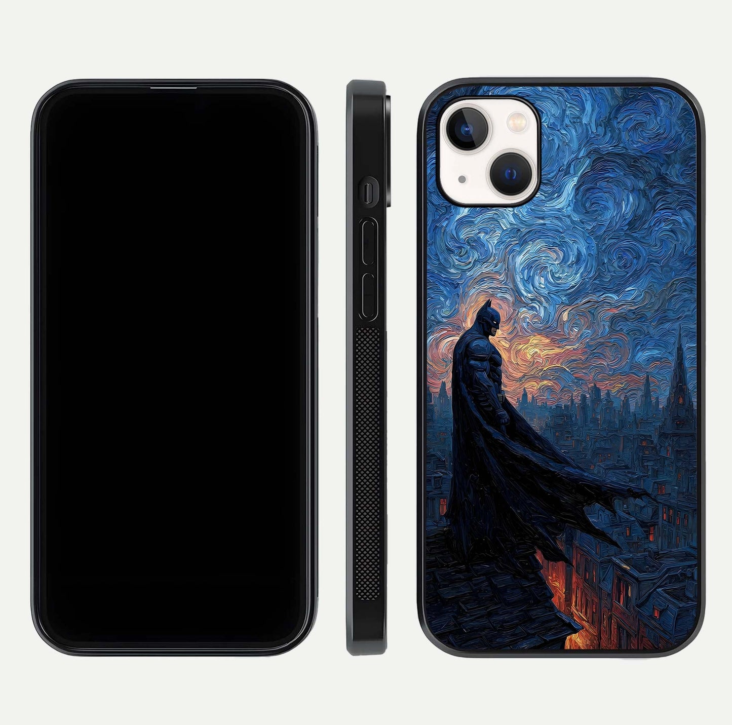Dark Knight Dusk Glass Case for iPhone 14 Plus dual-view layout displaying HD hero print and curved glass edges