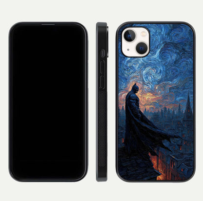 Dark Knight Dusk Glass Case for iPhone 14 Plus dual-view layout displaying HD hero print and curved glass edges