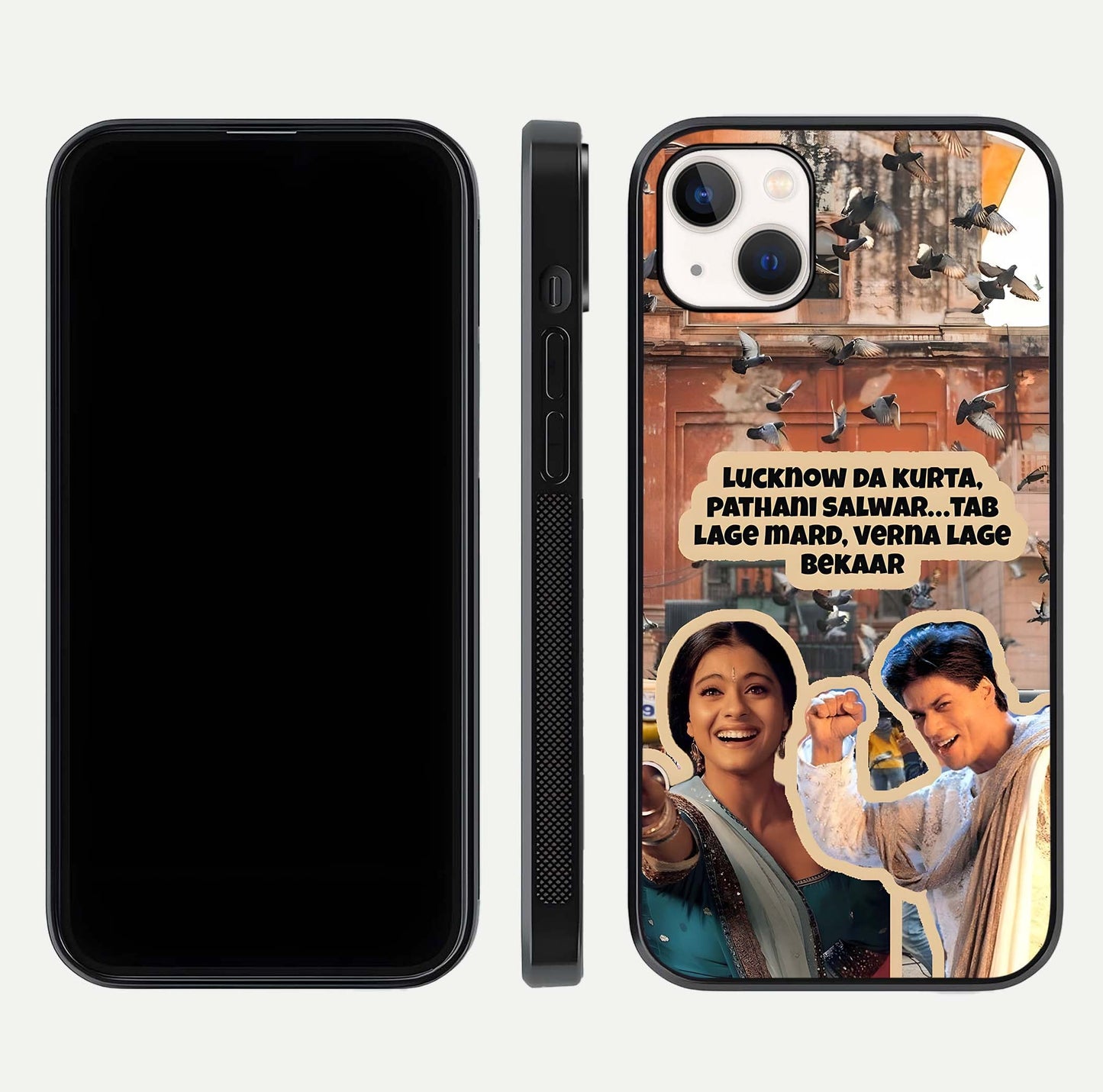 Desi Retro Vibes Glass Case for iPhone 14 Plus dual-view layout showing nostalgic design and smooth glass curve