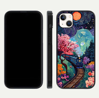 Digital Art Glass Case for iPhone 14 Plus dual-view layout displaying artistic tones and curved glass edge