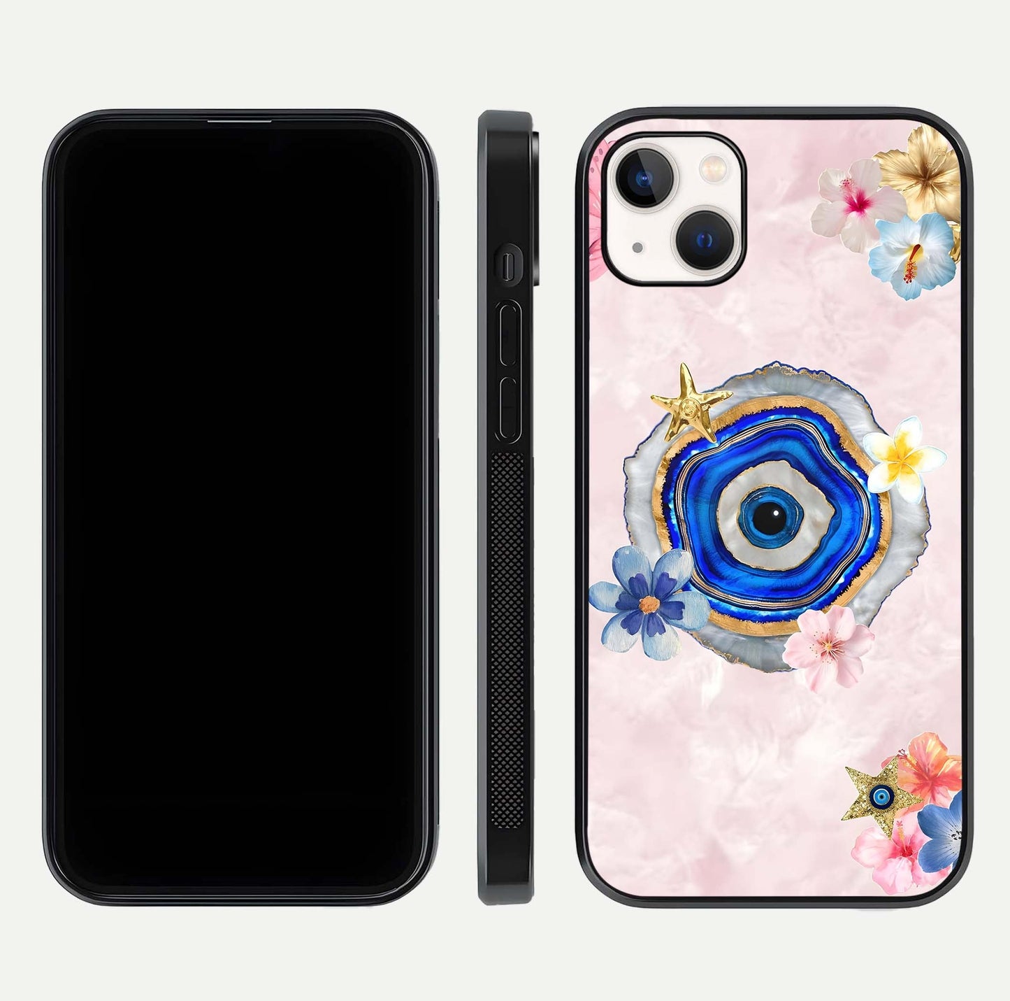 Divine Aura Bloom Glass Case for iPhone 14 Plus dual-view layout displaying divine color tones and smooth edges